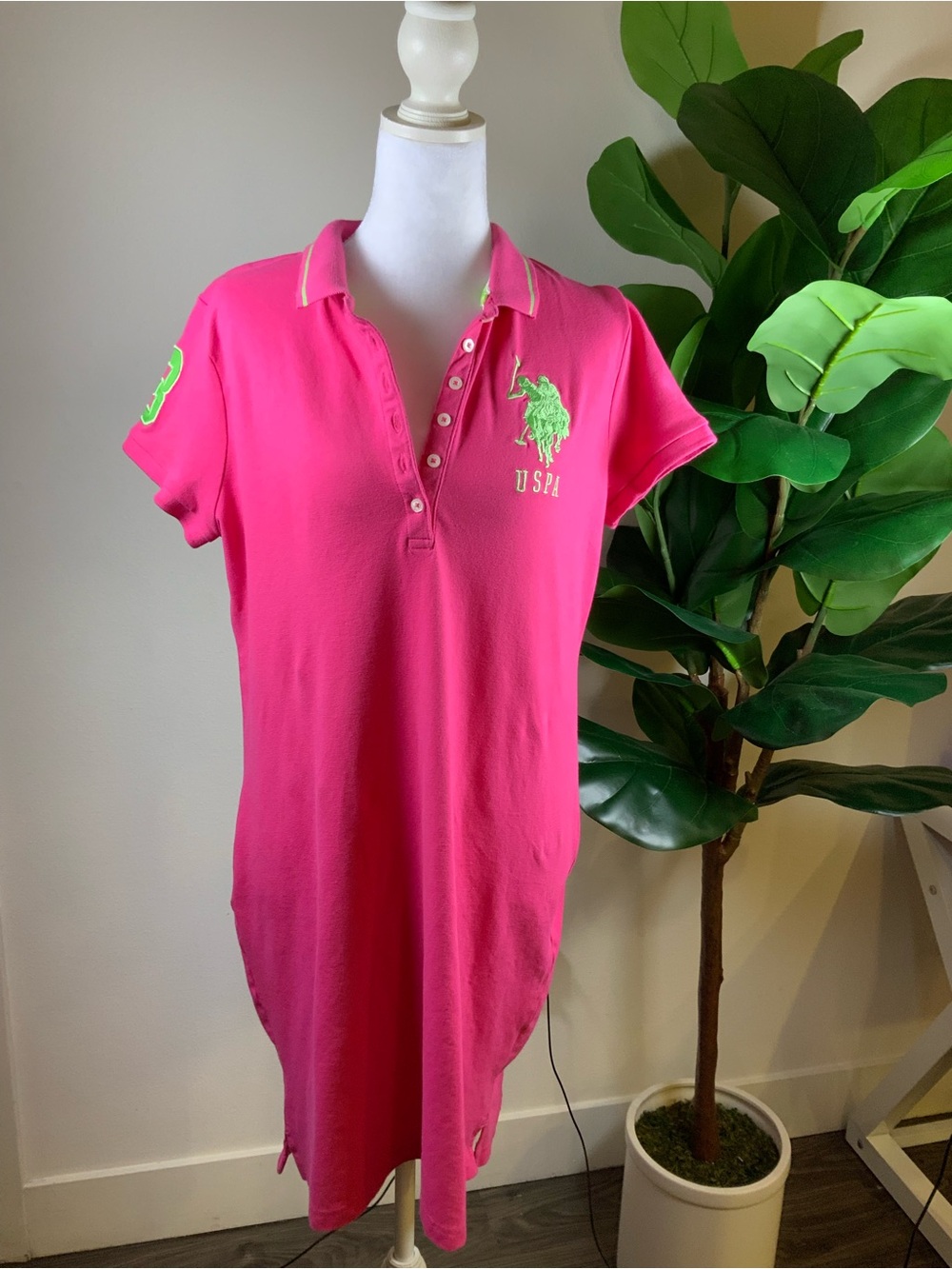 U.S. Polo Assn. Girls' Bright Pink Polo Dress with Neon Green Logo